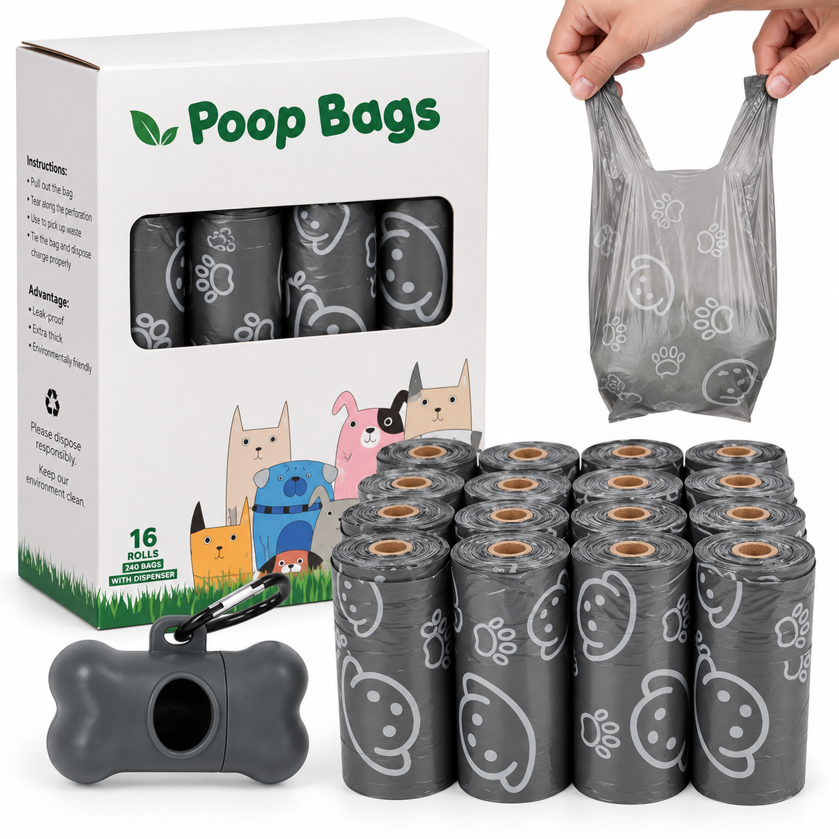 Dog Poop Bags – 240 Bags + Dispenser