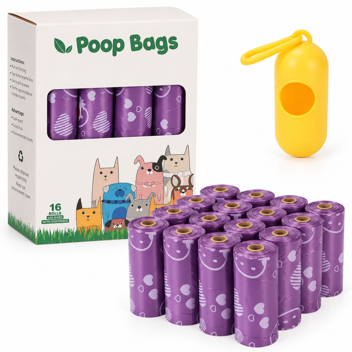 Dog Poop Bags – 240 Bags + Dispenser