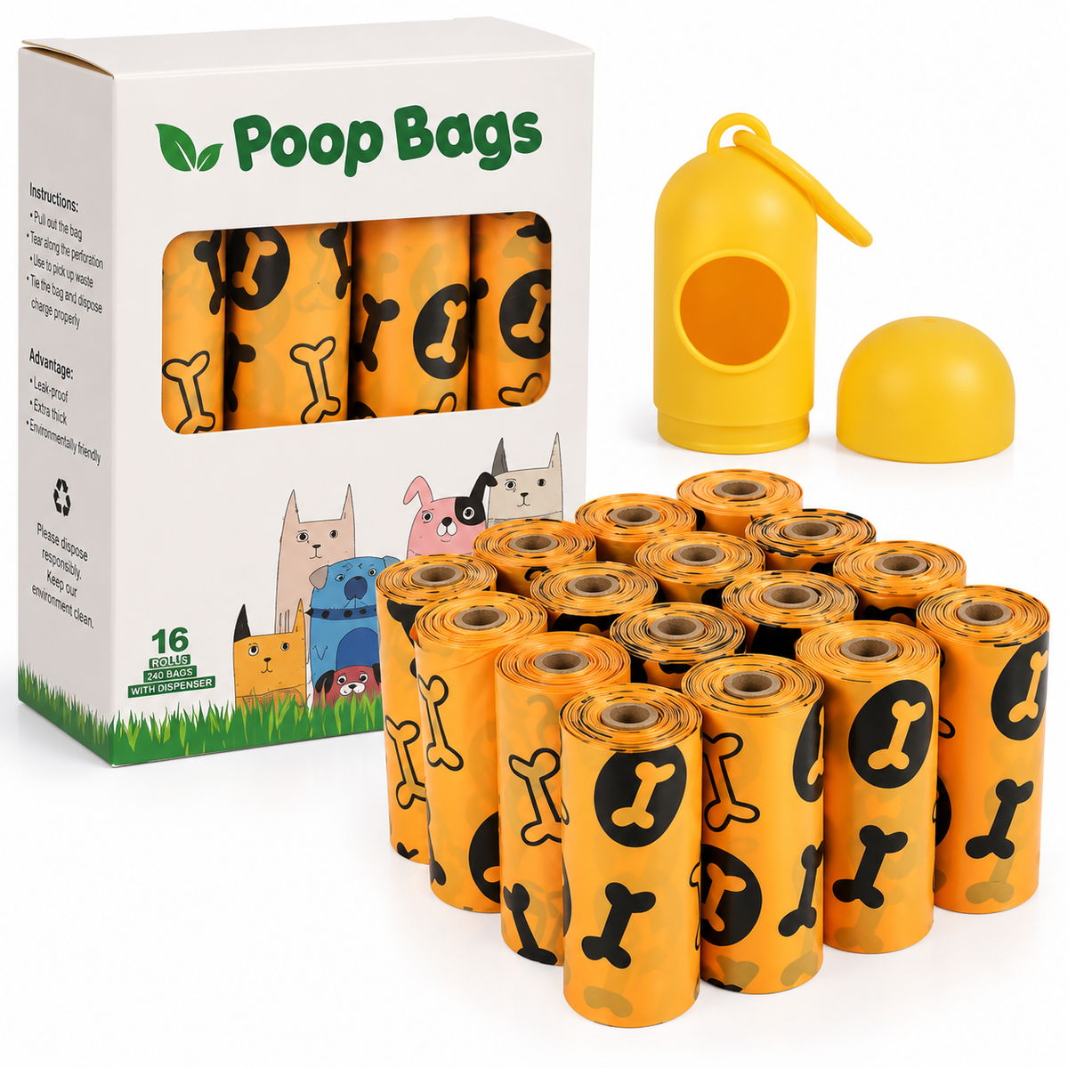 Dog Poop Bags – 240 Bags + Dispenser